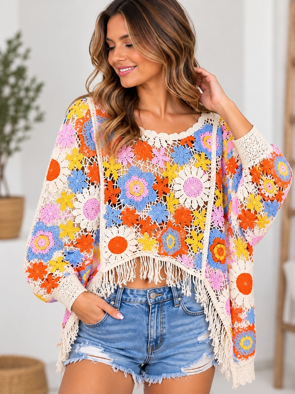 House of Harlow 1960 Crochet Floral Fringe Poncho Top One Size